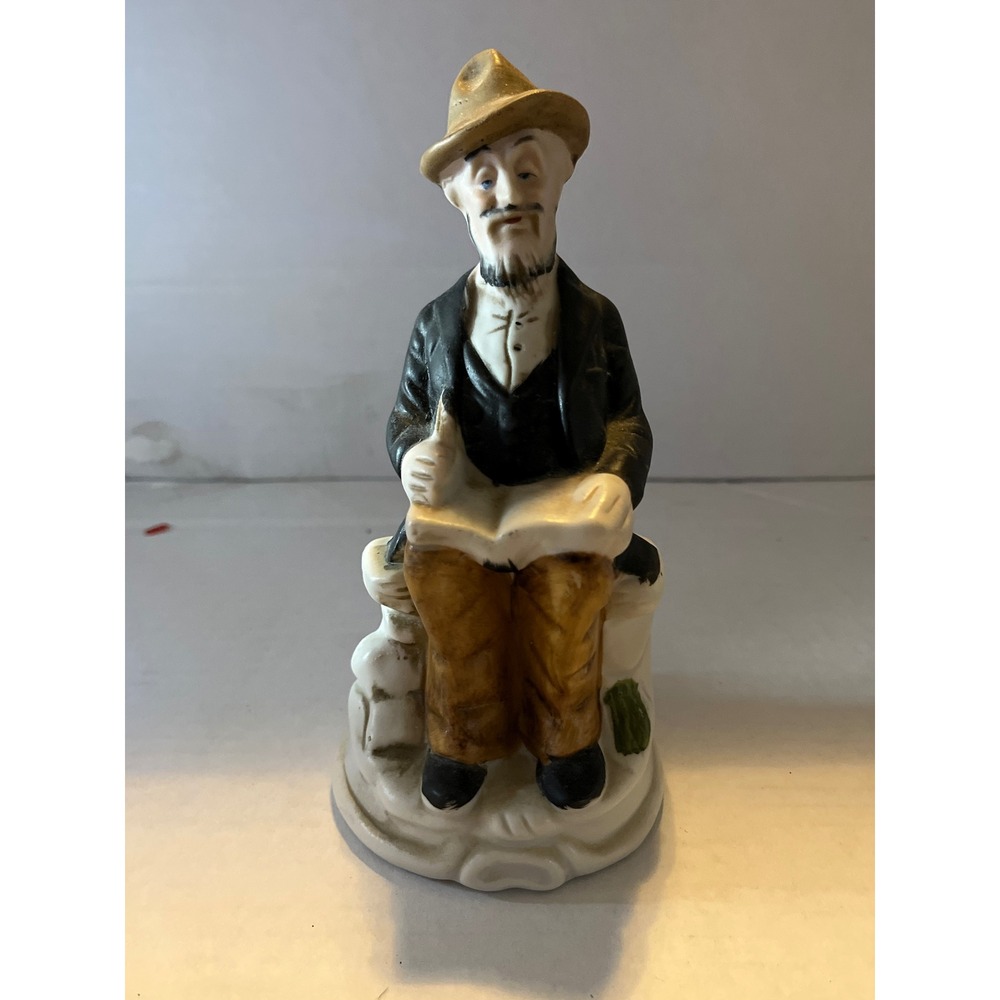 Vintage Porcelain Figurine Seated Man Reading Book Scholar Hand Painted Statue